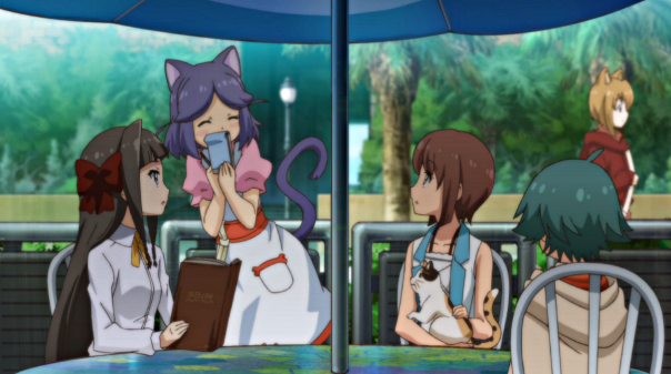 The cat on the girl's lap is hitting on the catgirl.
