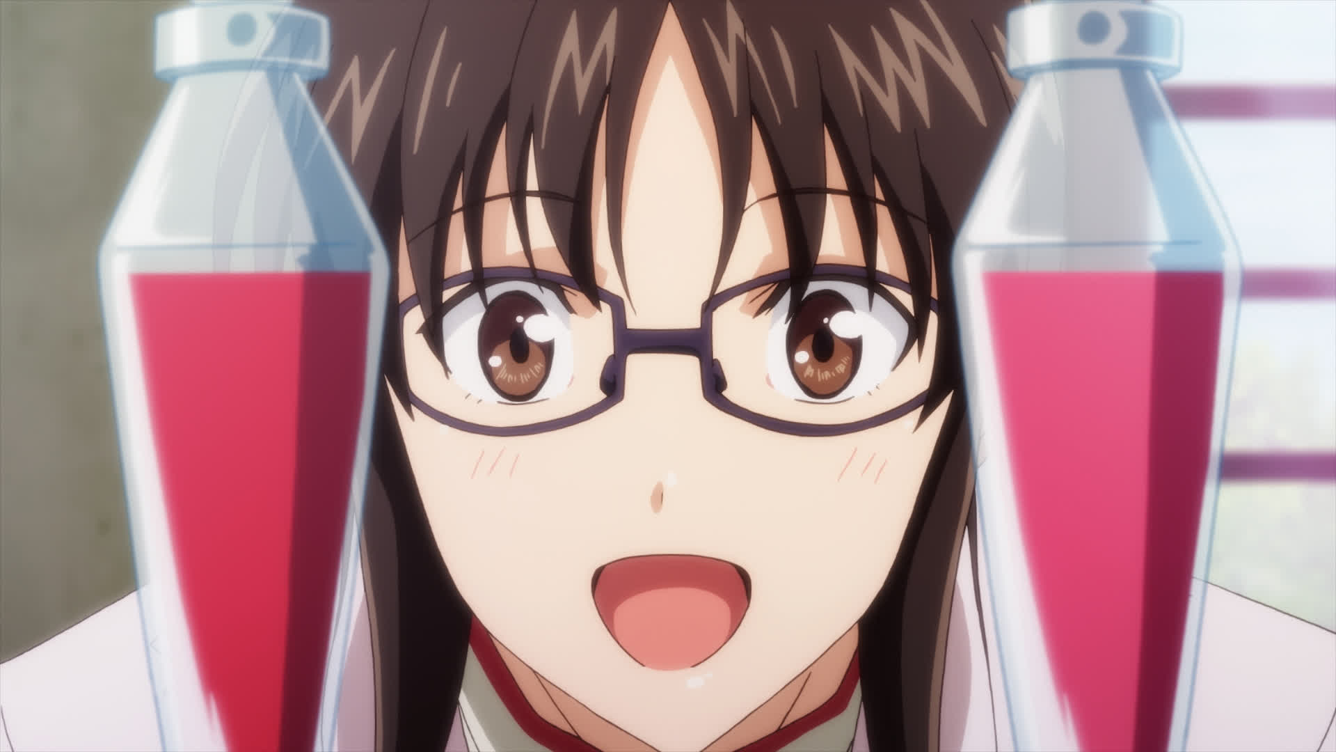 our protagonist looks excitedly at some little purfume bottles full of pink liquid